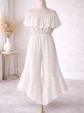 White Boho Off Shoulder Jumpsuit Wide Leg Asymmetrical Hem Cotton Size S
